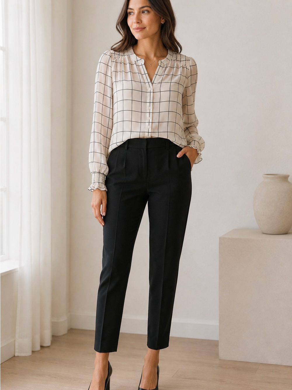 Ann Taylor Ivory Black Windowpane Blouse – Size M